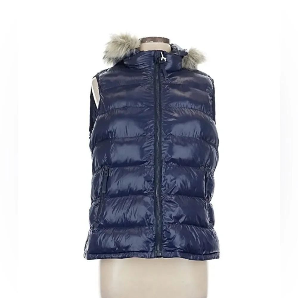 NWT GAP Sz L Blue Puffer Nylon Vest w/Faux Fur Hood
